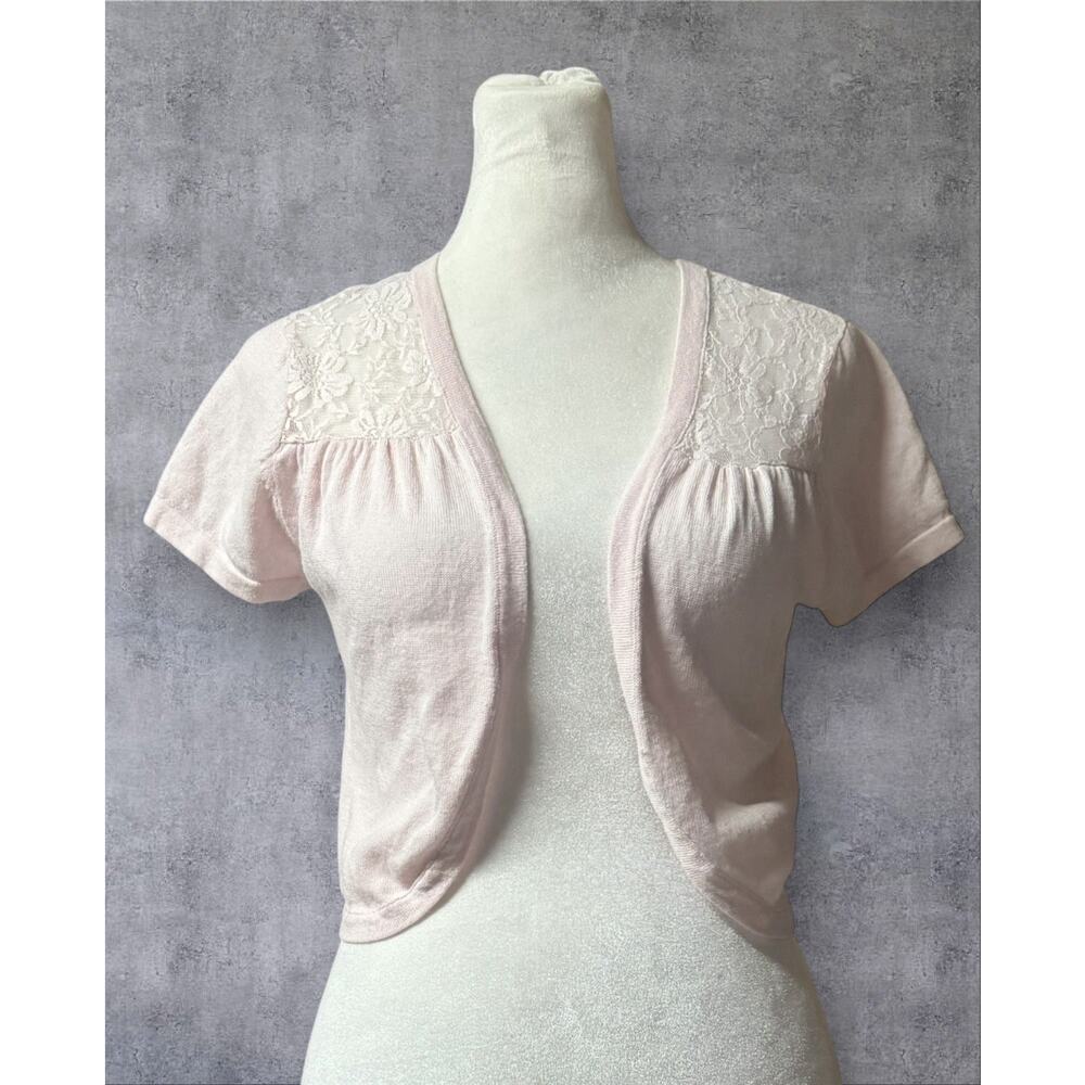 Y2K Baby Pink Crop Lace Cardigan Sweater Deb Womens Medium Fairy Whimsy Coquette